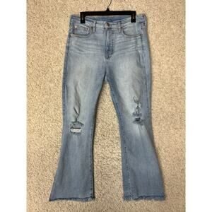 GAP 70s High Rise Flare Jeans Womens 32 Blue Denim Boho Distressed Split Hem
